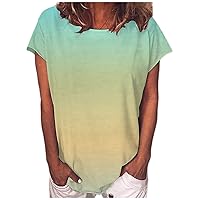 Women 2024 Gradient T Shirts Crew Neck Summer Tees Tops Dressy Casual Cap Sleeve Baggy T-Shirts Ladies Outfits