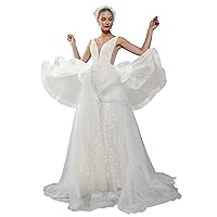 Bridal Convertible Tulle Wedding Dress Sleeveless Mermaid Sheer V-Neck with Detachable Train Gown for Brides X329