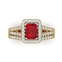 Clara Pucci 1.57ct Emerald Round Cut Pave Halo Split Shank Solitaire W/Accent Red Ruby Statement Bridal Ring Band Set 14k Yellow Gold
