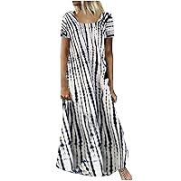 Summer Womens Tie Dye Maxi Dress Round Neck Casual Loose Fit Plus Size Sundress Short Sleeve Beach Long Dress