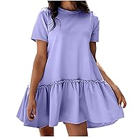 Women Summer Short Sleeve Cute Dress Babydoll Ruffle Mini Skirt Solid Color Round Neck Casual Swing Sundress