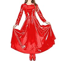 Women Long Dress Vinyl PVC Leather Full Sleeve O-Neck Casual Pleated Dresses High Waist Solid Loose Dress