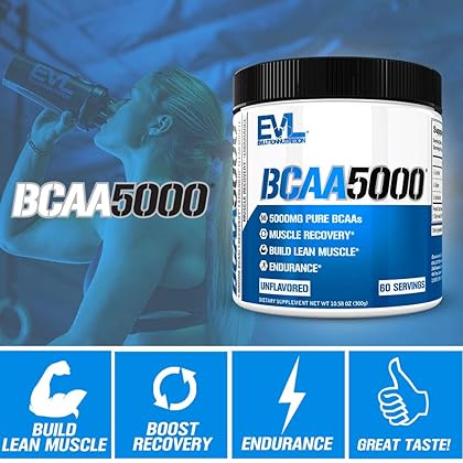 Evlution EVL BCAAs Amino Acids Powder - BCAA Powder Post Workout Recovery Drink and Stim Free Pre Workout Energy Drink Powder - 5g Branched Chain Amino Acids Supplement for Men - Unflavored Powder