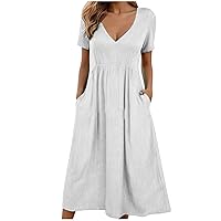 Sexy V Neck Shirt Midi Dress Women Summer Short Sleeve High Waist A-Line Dresses Casual Loose Babydoll Beach Dress