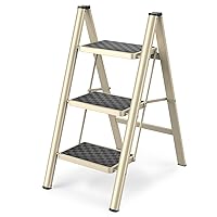 HBTower 3 Step Ladder Folding Step Stool, 330 Lbs Capacity Step Stool for Adults, Closet Step Stool Ladder with Anti-Slip Wide Pedals Household Office, Gold