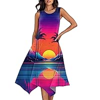 Long Sun Dresses Hawaiian Dresses for Women Summer Print Casual Fashion Elegant Ceach Dress Sleeveless Round Neck Flowy Dresses Royal Blue Medium