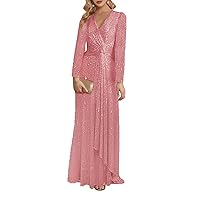 Women's Sequins Long Wedding Party Cocktail Dress Luxury Long Sleeve V-Neck Evening Dresses Pink
