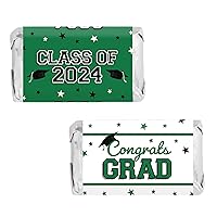 Graduation Class of 2024 Mini Chocolate Candy Bar Wrapper Labels, Grad Party Favor Stickers - School Colors - 45 Stickers (Green)