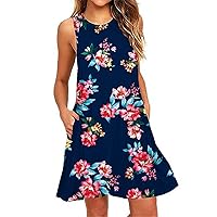Womens Sundress,Summer Dresses for Women Beach Boho Sleeveless Vintage Floral Flowy Pocket Tshirt Tank Sundresses