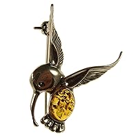 BALTIC AMBER AND STERLING SILVER 925 DESIGNER COGNAC HUMMINGBIRD BROOCH PIN JEWELLERY JEWELRY