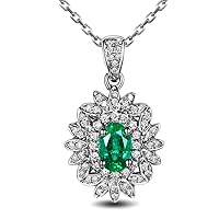 Emerald Genuine Gemstone Solid 14K White Gold Diamond Necklace Pendant Set