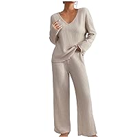 Womens 2 Piece V Neck Knit Outfits Lounge Sweater Pajama Set Long Sleeve Top and Wide Leg Pants Solid Loungewear