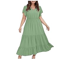 Women's Summer Plus Size Boho Dress Casual Loose Plain Flutter Short Sleeve Ruffle Tiered Flowy A Line Maxi Dresses Green