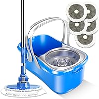 MASTERTOP Spin Mop and Bucket with Wringer Set, Microfiber Mops Bucket Floor Cleaning System, Wet Dry Spinning Mopping for Hardwood Laminate Floors - Stainless Steel Handle & 5 Reusable Pads