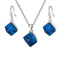 Uloveido Girl's Square Cube Authentic Austrian Crystal Hook Earrings and Rainbow Necklace Sets for Women - 925 Sterling Silver Wedding Engagement Jewelry Sets Box Packing Y418