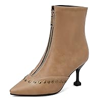 Women Ankle Boots Front Zipper Pointed Toe Rivets Fashion Comfortable High Heel Shoes