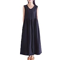 Women's Casual Loose V-Neck Sundress Sleeveless Summer Maxi Linen Dresses