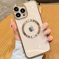 Magnetic Slim Clear Case for iPhone 14 Pro Max Compatible with MagSafe, [Anti-Yellowing Technology] Plating Clear Soft TPU Silicone All-Inclusive Lens Film Shockproof Case for Women Men Gold