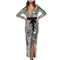 Womens Sexy Wrap Sequin Evening Dresses Tie Deep V Neck Long Maxi Formal Gown Ladies Glitter Long Sleeve Cocktail Dress