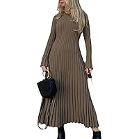 Elegant Knit Soft Pleated Women Dress Winter O-Neck Lace-Up Sweater Dress Chic Party Dress