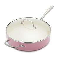 GreenLife Artisan Healthy Ceramic Nonstick, 5QT Saute Pan Jumbo Cooker with Helper Handle and Lid, Stainless Steel Handle, Induction, PFAS-Free, Dishwasher Safe, Oven Safe, Pink
