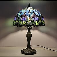 Tiffany Style Table Lamp Stained Glass Lamp Shade Purple Tulip Flower Reading Desk Light 12 Inches for Bedroom Study Living Room Office
