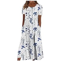 Summer Dresses for Women 2024 Short Sleeve High Waist Floral Pockets Sun Dress Plus Size Dresses for Curvy Women