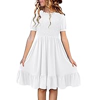 storeofbaby Girls Casual Dress Summer Puff Short Sleeve Smocked Ruffle Dresses 5-14 Years