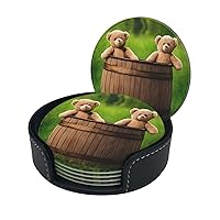 Toy Cloth Bear Print Coaster,Round Leather Coasters with Storage Box for Wine Mugs,Cold Drinks and Cups Tabletop Protection (6 Piece)