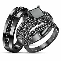 1.50Ct Princess & Round Cut Black Diamond 925 Sterling Silver 14K Black Gold Over Diamond Engagement Wedding Band Trio Ring Set for Him & Her