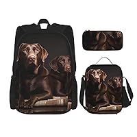 3 Pcs Brown Labrador Retriever Print Backpack Sets Casual Daypack with Lunch Box Pencil Case for Women Men