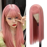 Long Pink Wigs for Women, 24 Inch Pink Hair Wig with Bangs Natural Silky Soft Synthetic Heat Resistant Fiber Wigs Hair for Daily Party Use(24 In, Pink)