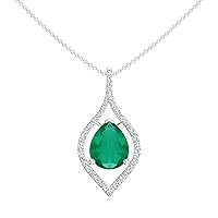 Natural Emerald Halo Pear Shape Pendant Necklace with Diamond for Women in Sterling Silver / 14K Solid Gold/Platinum