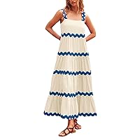 Women's Summer Dress 2024 Sleeveless Square Neck Striped Print Casual Comfy Linen Long Dress S-XL
