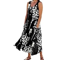Linen Dresses for Women 2024 Casual Plus Size Cotton Blend Linen Solid Color & Printed Boho Tank Dress with Pockets