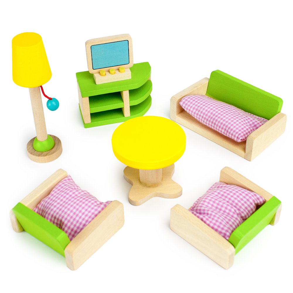 Wooden Dollhouse Furniture|Made of Safe Wood and Bright Water-Based Paint|Compatible with Most Doll Houses|Living Room