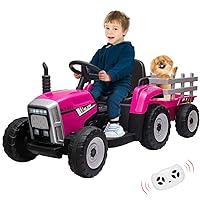 12V Ride on Tractor with Trailer and Remote Control,Toddler Kids Electric Vehicle Car with LED Headlights,2+1 Gear Shift,MP3 Player,USB,Speed Up to 5mph (25W,Tread Tire,Rose)