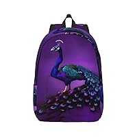 Purple Peacock Pattern Print Canvas Laptop Backpack Outdoor Casual Travel Bag School Daypack Book Bag For Men Women