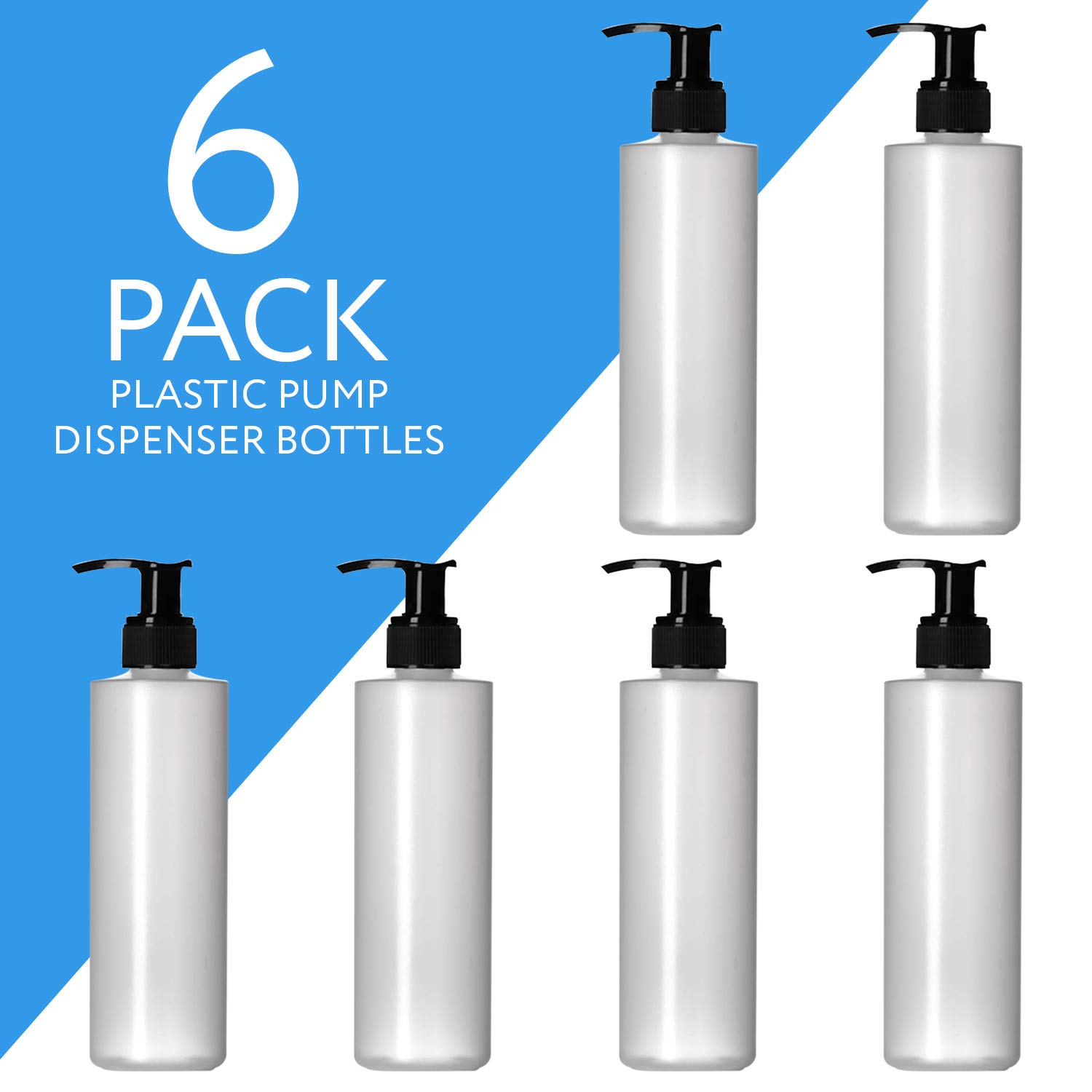 6 Pack 8 Oz Plastic Pump Dispenser Bottles for Lotion, Massage Oil, Shampoo and More! - Refillable, BPA Free Clear/Frosted Empty 8oz Containers - Fit Into Holsters, Bulk