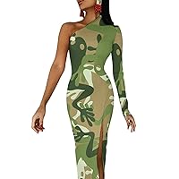 Frog Camouflage Half Sleeve Long Summer Dress for Women Cocktail Split Maxi Dress Evening Dresses