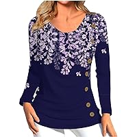 Fall Clothes for Women 2023 Long Sleeve Button Design Blouses Pleated Printing Tops Relaxed Fit Slim Fit Pullover