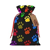 WSOIHFEC Colorful Dog Paw Print Black Christmas Gift Bags with Drawstring Burlap Christmas Treat Bags Reusable Christmas Candy Bag Gift Wrapping Bag Party Favors Bags
