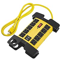 CCCEI Heavy Duty Power Strip with USB Ports, Garage 10 Outlets Surge Protector 2700 Joules, Industrial Workshop Metal 15Amp Multiple Outlets, 10 FT Extension Cord and Wide Spaced Yellow.