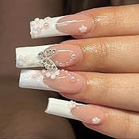 24Pcs Butterfly Press on Nails Long French Tip Fake Nails Coffin False Nails with design Artificial Rhinestone Acrylic Glue on Nails Square Stick on Nails for Women Girls Nail Art（White）