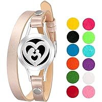 Wild Essentials Mother’s Heart Essential Oil Bracelet Diffuser, Leather Wrap Band, Stainless Steel Locket Pendant, 12 Color Refill Pads, Customizable Color Changing Perfume Jewelry for Aromatherapy