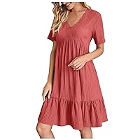 Wedding Guest Dresses for Women,Women Casual Fashion Solid Color Button V Neck Short Sleeve Shirt Dress Midi S