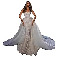 Sweetheart Neckline Lace up Corset Mermaid Wedding Dresses for Bride with Detachable Train Illusion Bridal Ball Gowns 2PCS