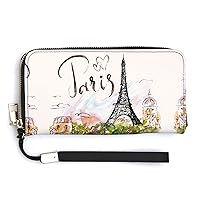 Eiffel Tower Paris Women’s Wallet Zippered Long Clutch Purse Leather Handbag with Wristlet Strap