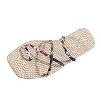 Ladies Fashion Summer Floral Printed Dabric Cover Toe Grass Woven Bottom Flat Sandals Sandals(Blue,Size 8.5)