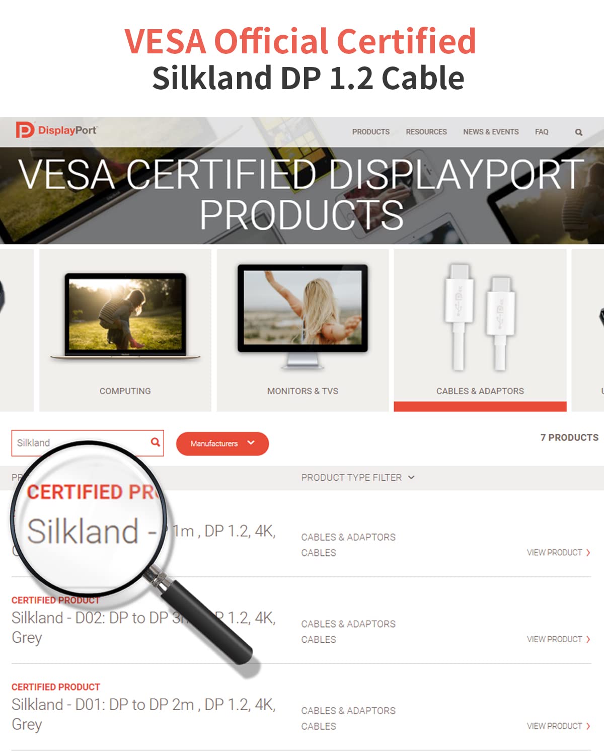 Silkland [VESA Certified DisplayPort Cable, DP Cable 6.6ft [4K@60Hz, 2K@165Hz 144Hz], 1080P 240Hz Braided Video Display Port Cord High Speed 1440P, Compatible FreeSync G-Sync Gaming Monitor